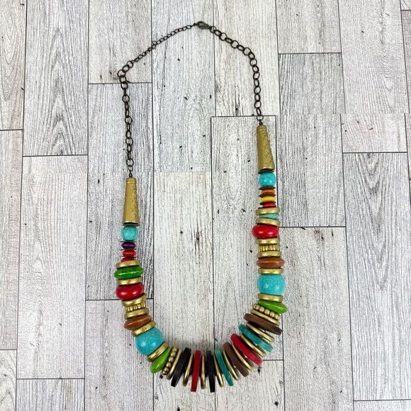 Chunky Beaded Multicolor Statement Necklace Boho Western - Picture 7 of 8